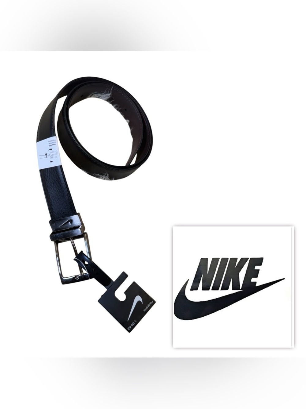 NWT Nike Men L (38-40) Black Brown REVERSABLE Leather Belt Classic Logo Buckle